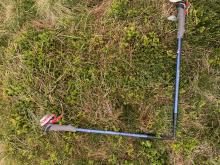 Two blue walking stick forming an L shape on ground with small shrubs