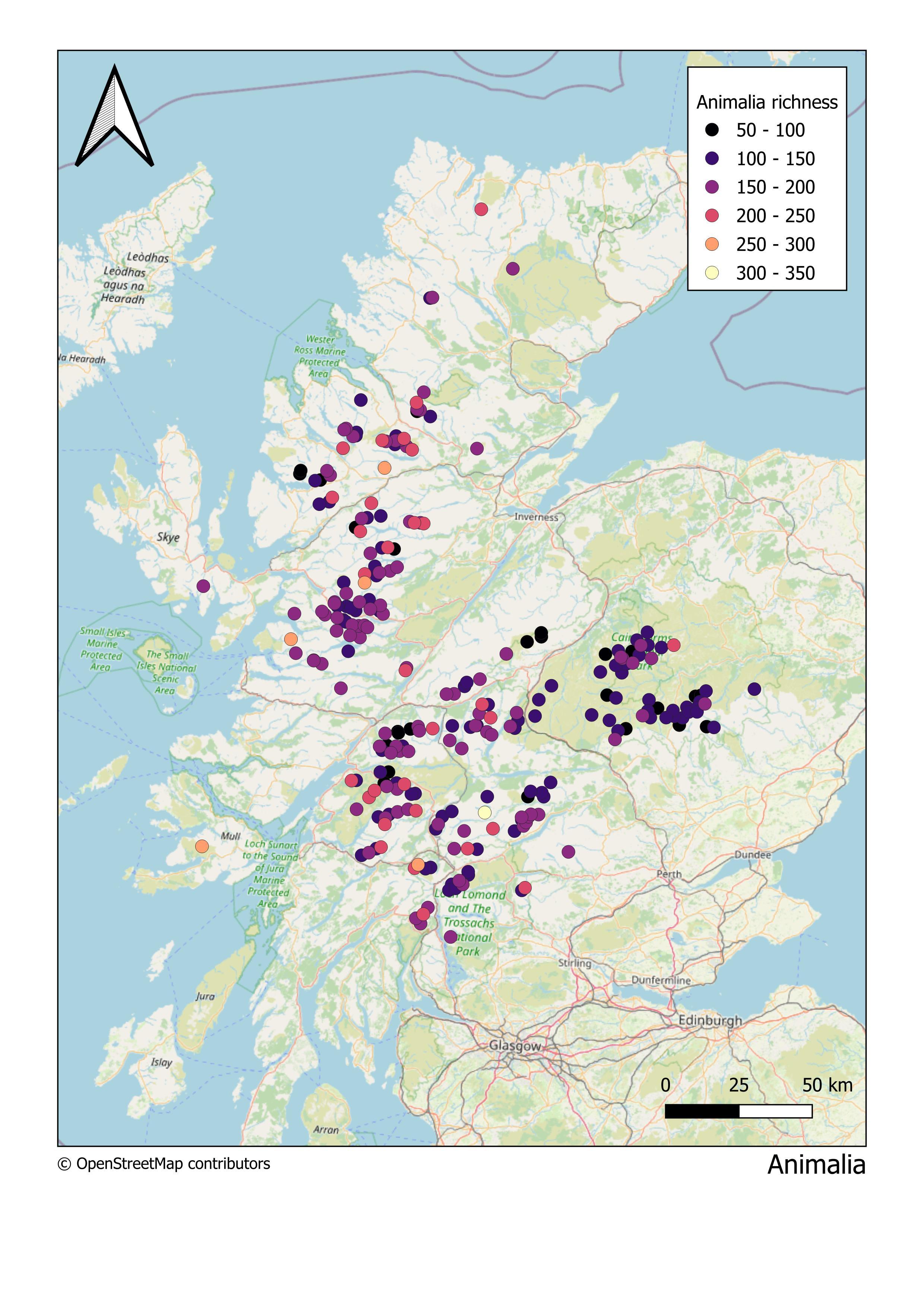 Map showing total number of animalia per Munro