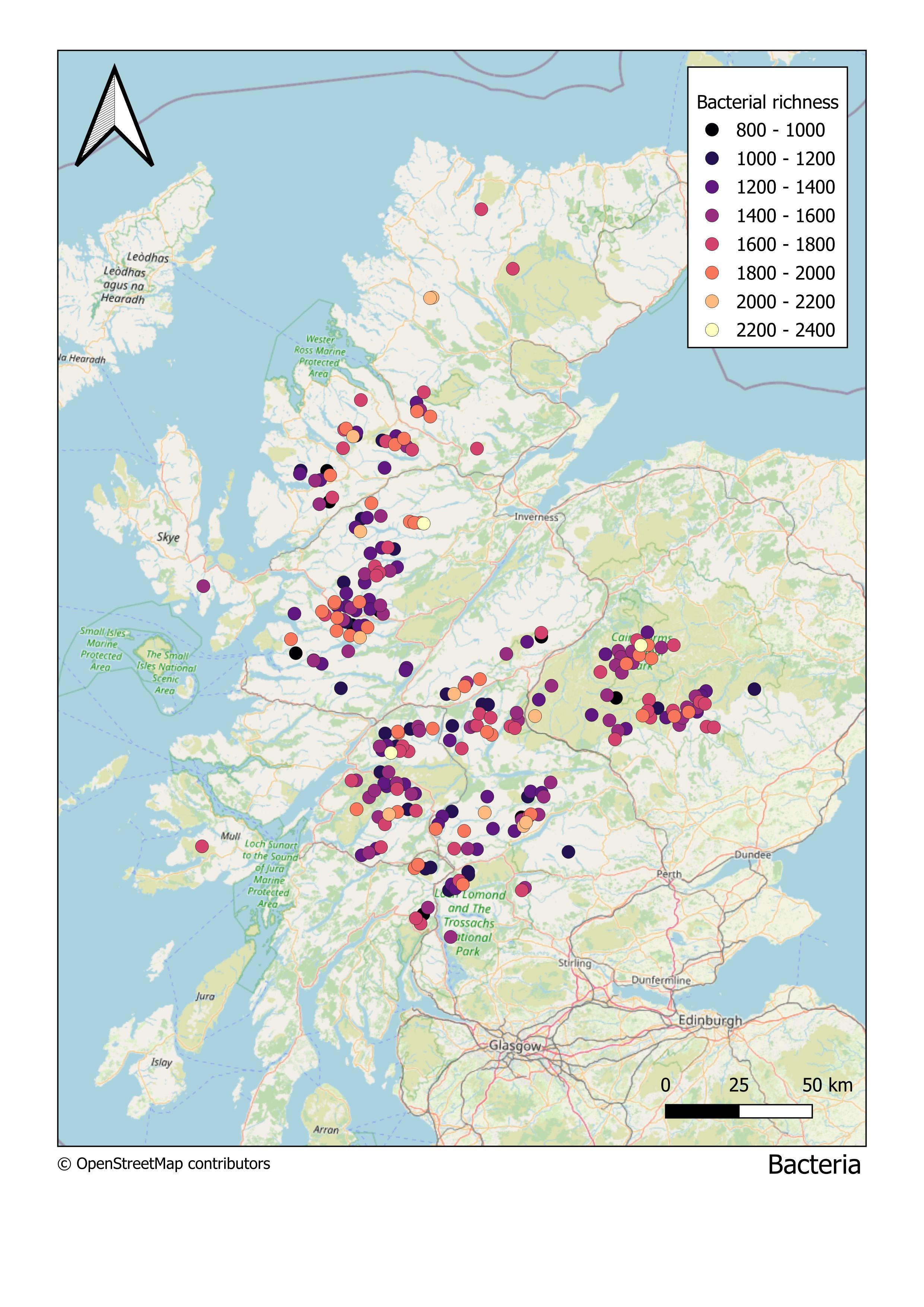 Map showing total number of bacteria per Munro
