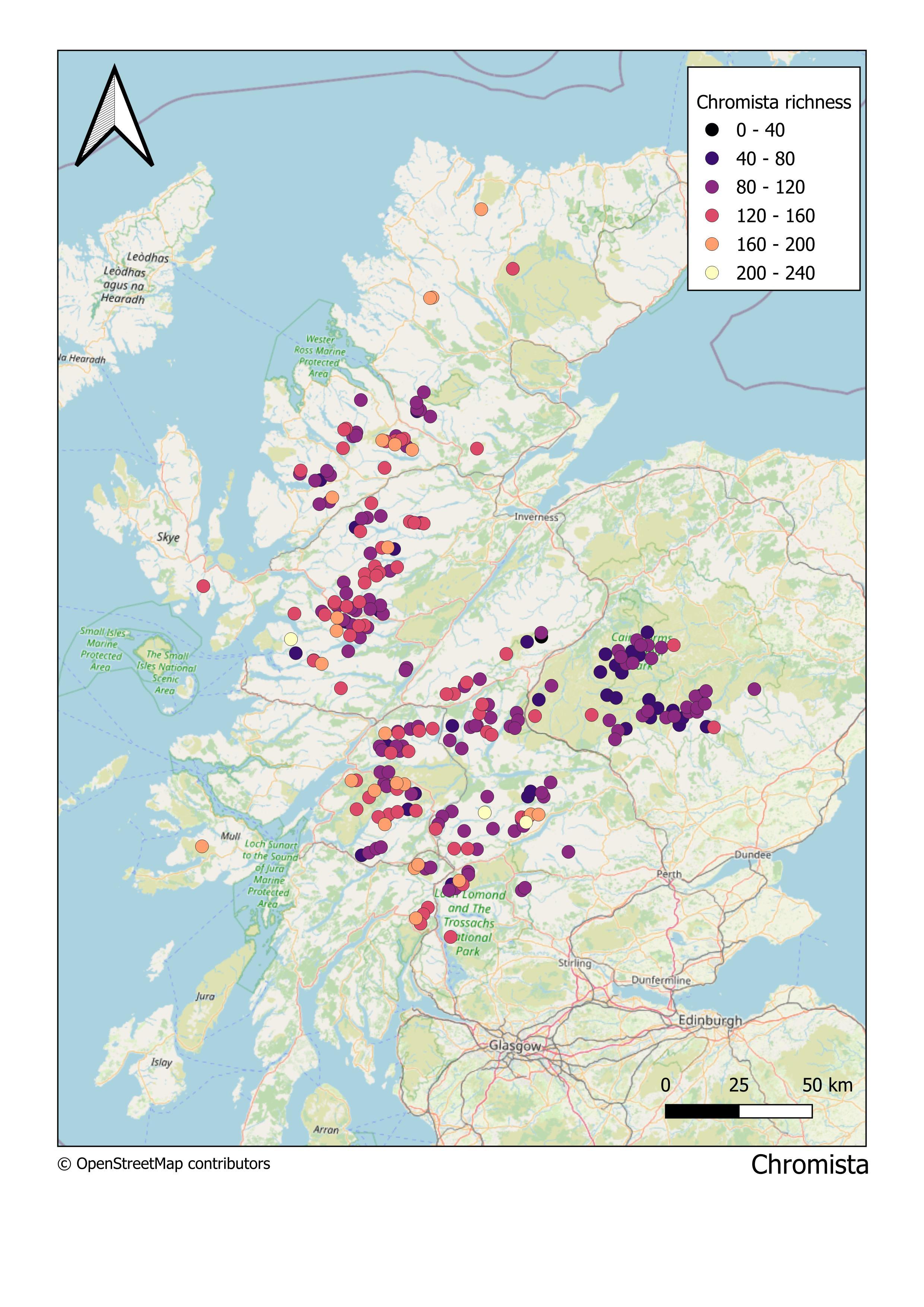 Map showing total number of Chromista per Munro