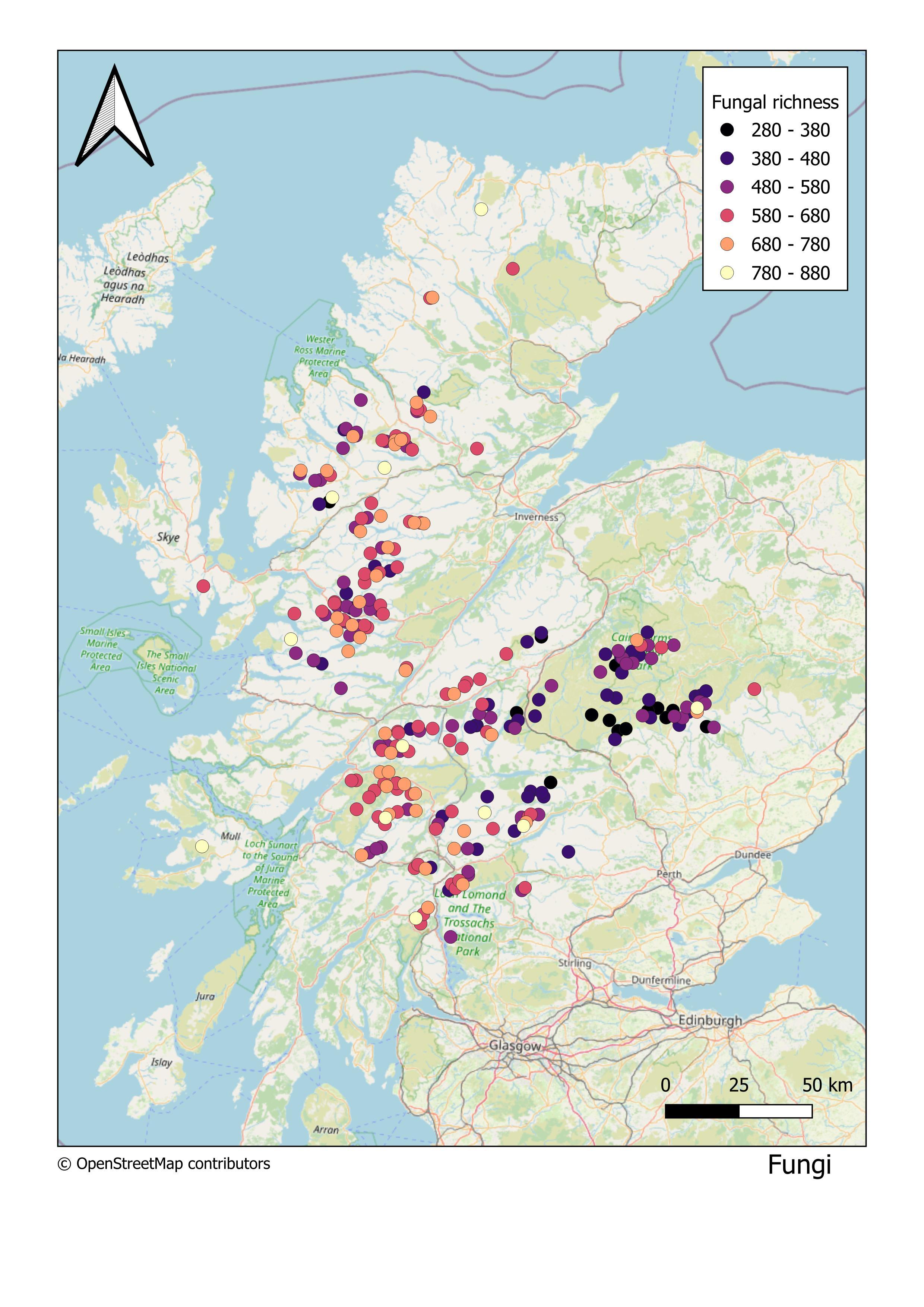 Map showing total number of Fungi per Munro