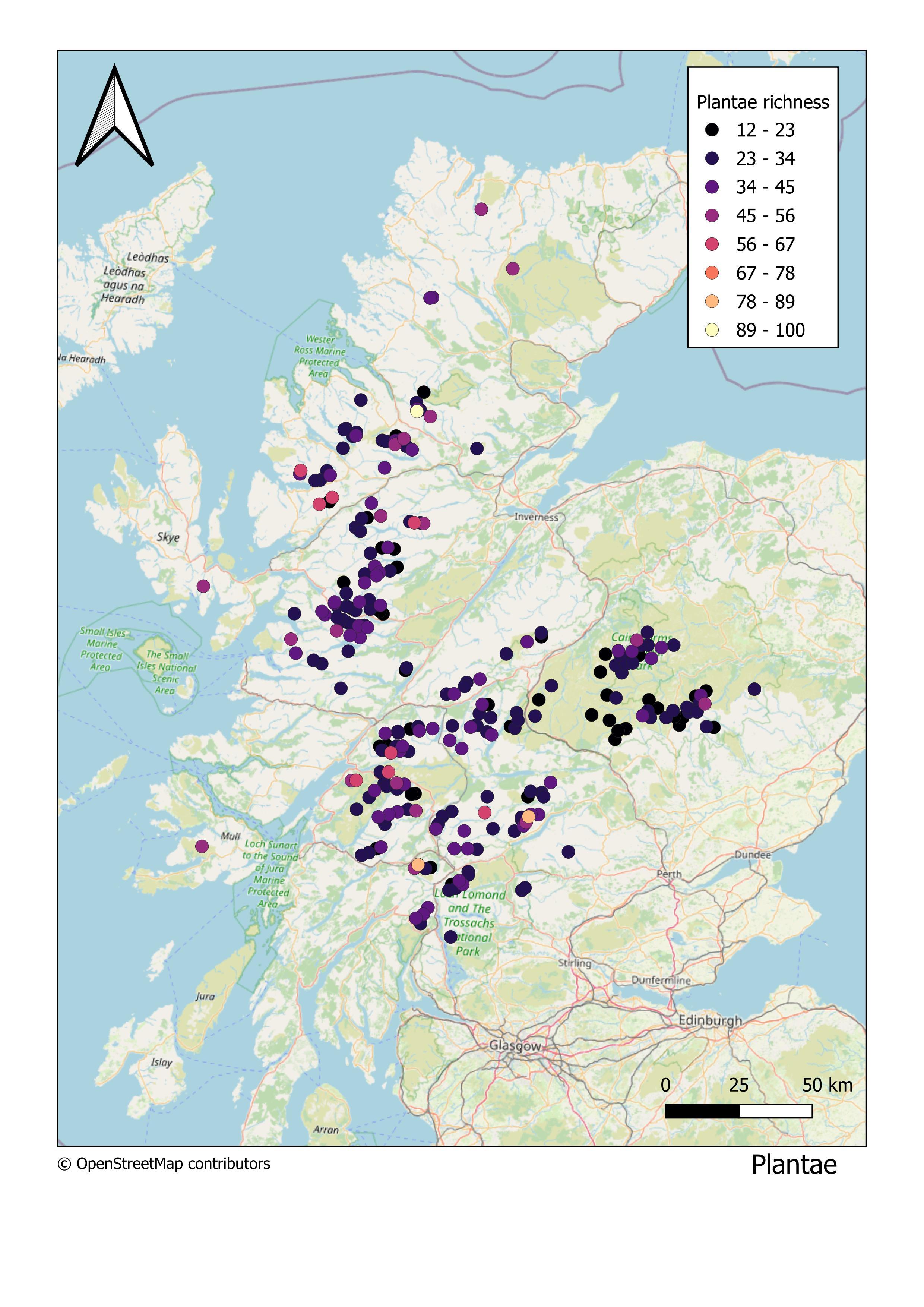 Map showing total number of Plantae per Munro