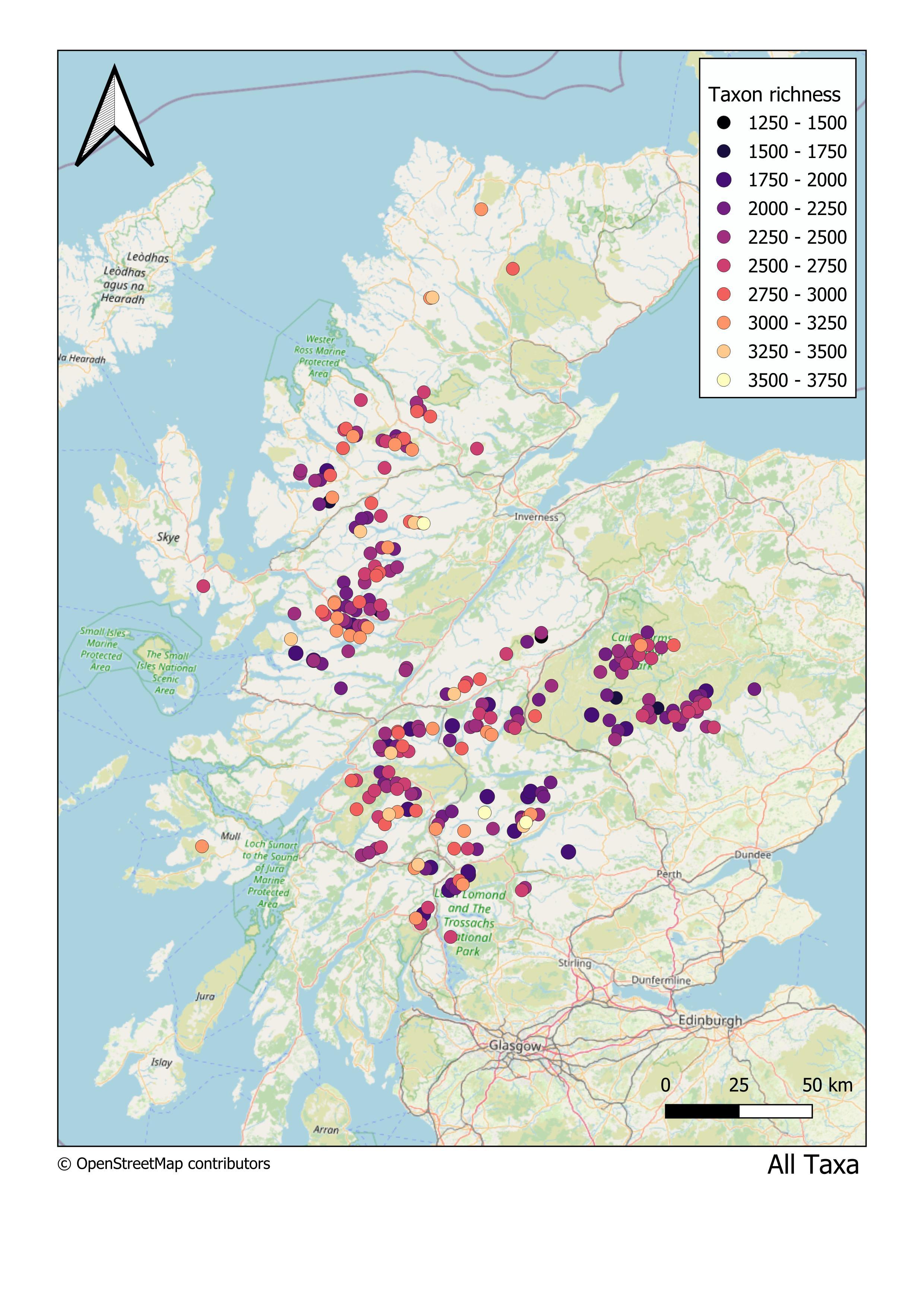 Map of total number of taxa per Munro
